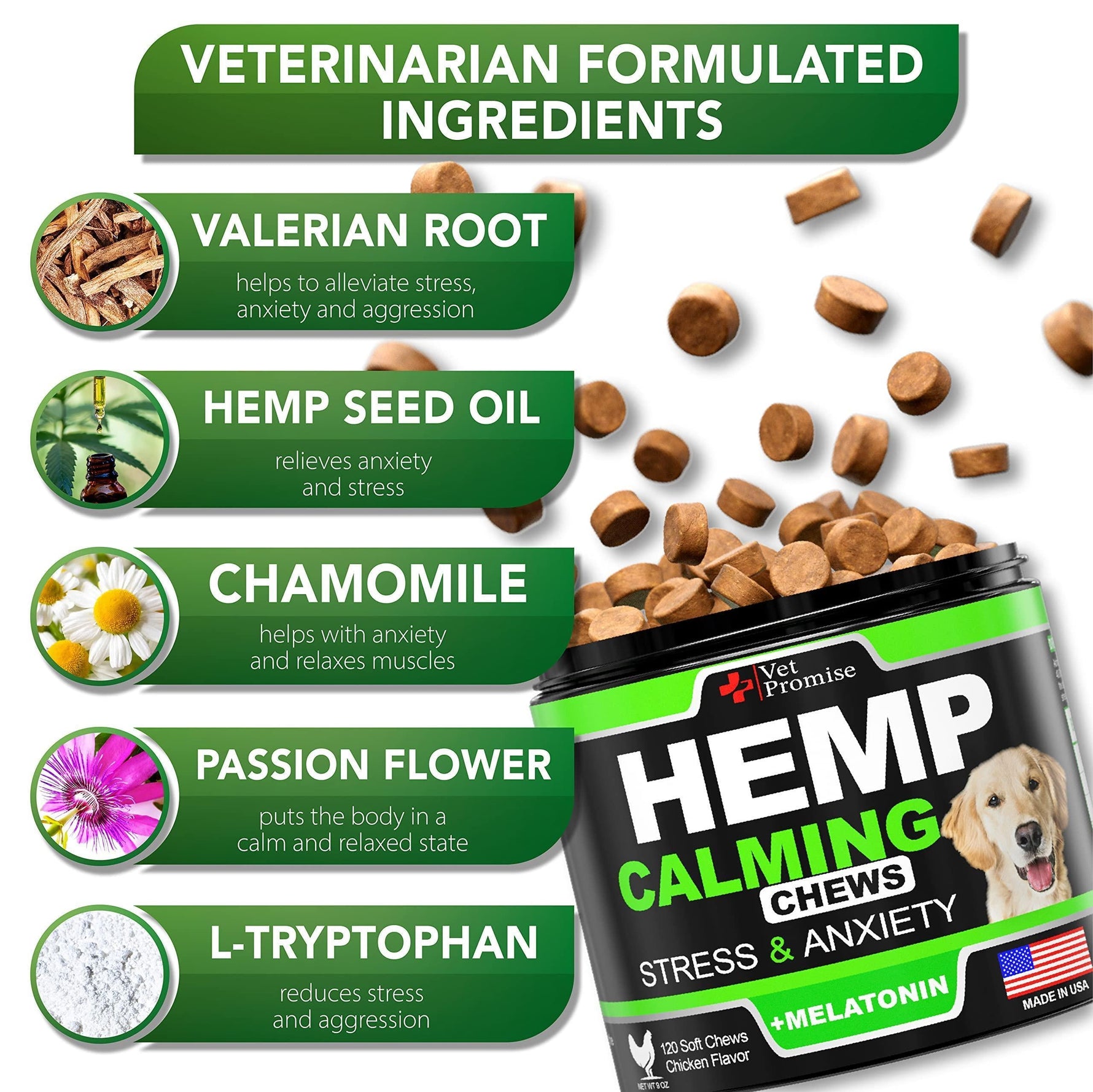 Hemp calming chews ingredient panel with green labels, tub, and supplement pieces