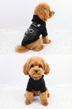 Black fleece dog hoodie sweater with spiderweb skull graphic and Happy Halloween print