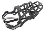 Black anti-bite dog muzzle with soft inner padding and cage frame