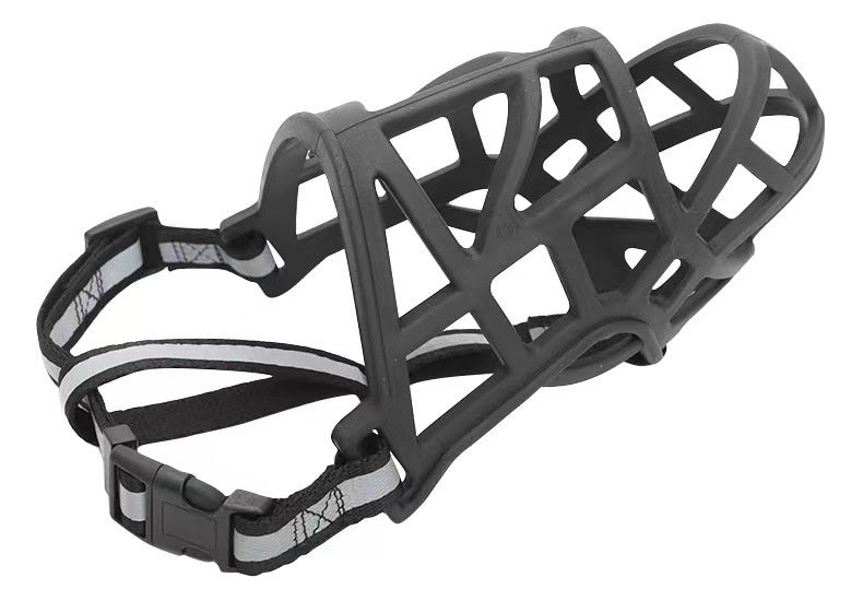 Black anti-bite dog muzzle with soft inner padding and cage frame