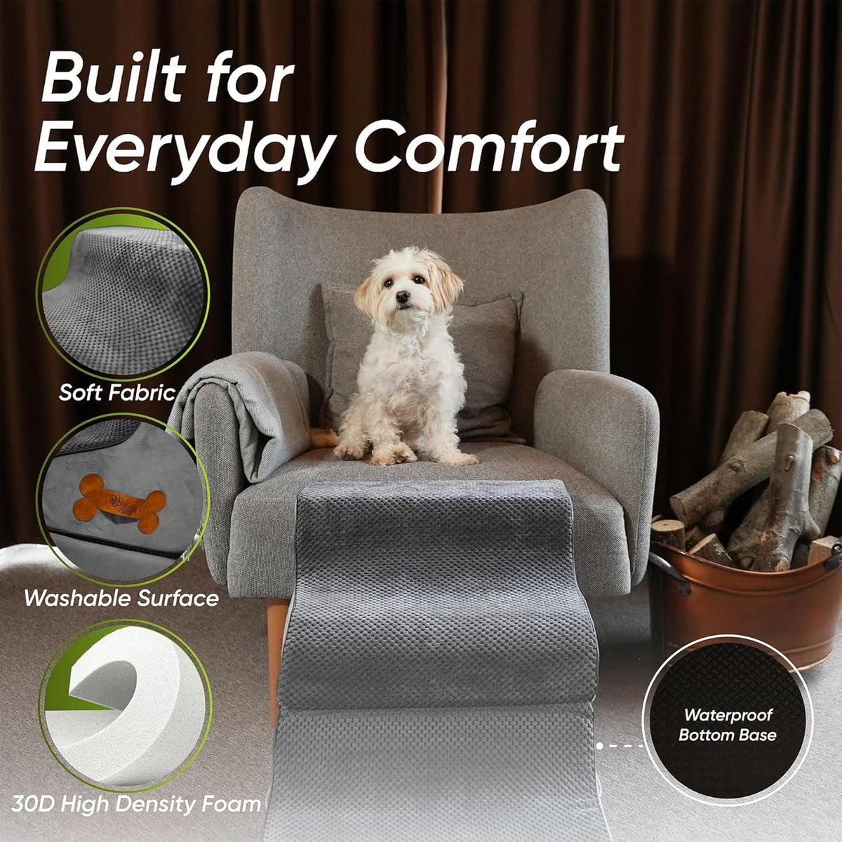 Dark gray foldable dog stairs with soft fabric and grippy underside base