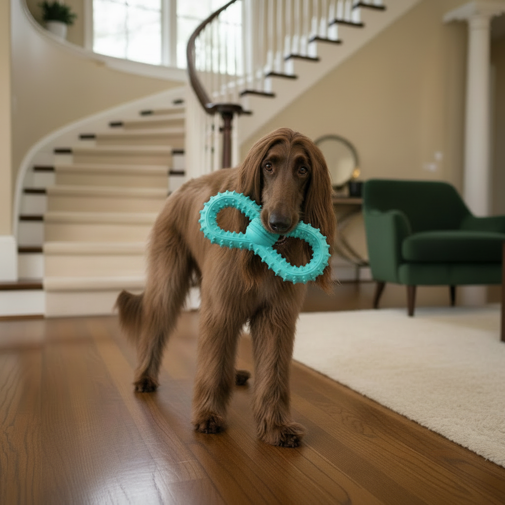 Teal molar ball dog toy held in a dog’s mouth, textured bite points