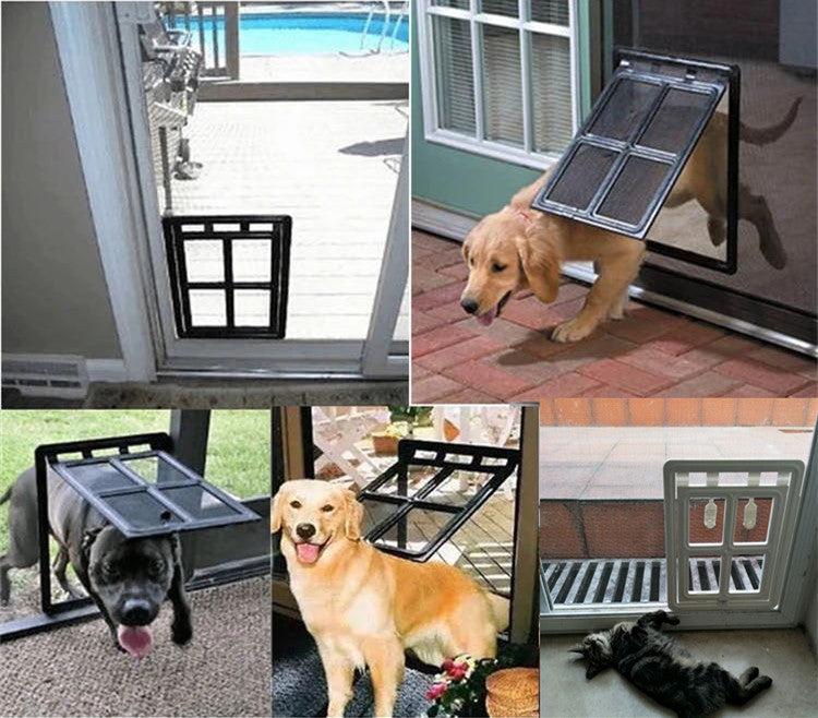 Black pet screen door with swinging flap insert for small pets