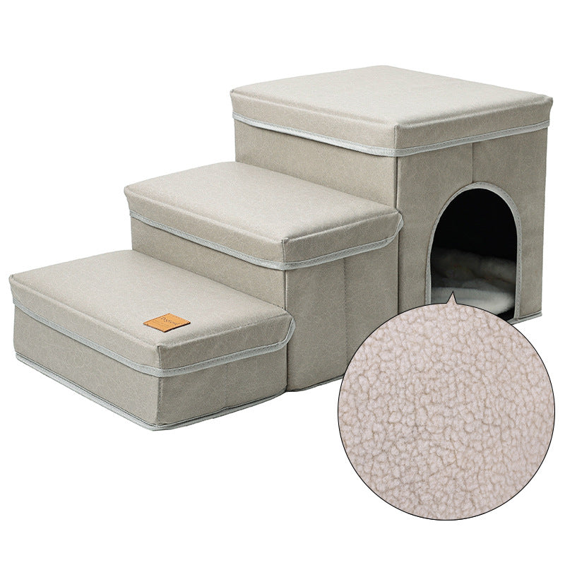 Light beige padded dog stairs with three steps and a side cave bed, round side pad