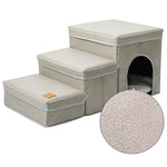 Light beige padded dog stairs with three steps and a side cave bed, round side pad