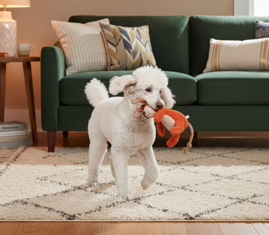 Orange and white plush animal pet toy with rope handle, textured knit fabric