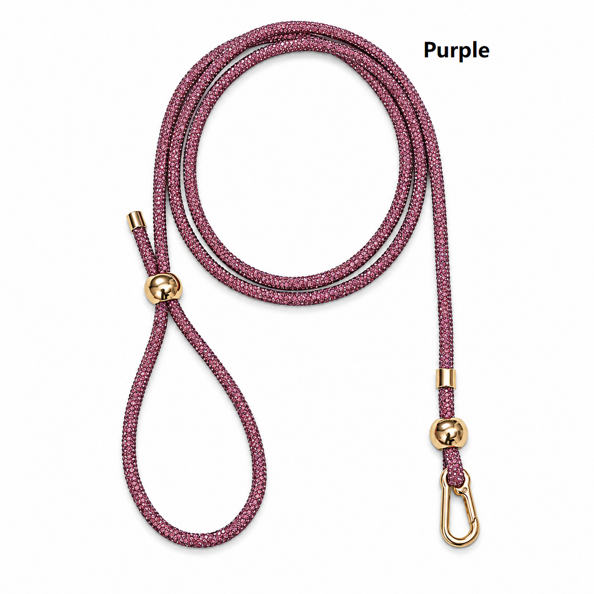 Purple rhinestone dog slip leash with gold clasp and loop handle, adjustable rope.