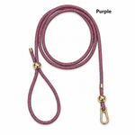 Purple rhinestone dog slip leash with gold clasp and loop handle, adjustable rope.