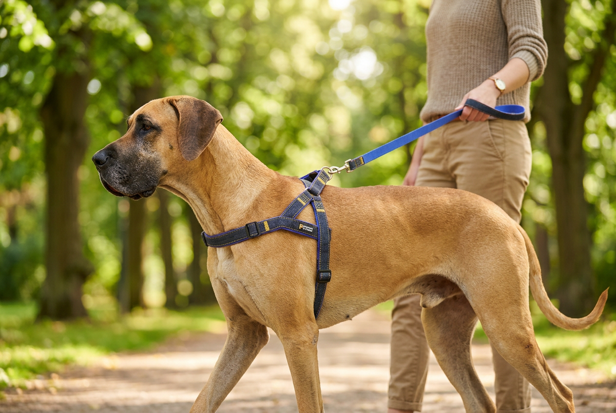 Dog denim harness with blue leash, adjustable straps and metal D-ring