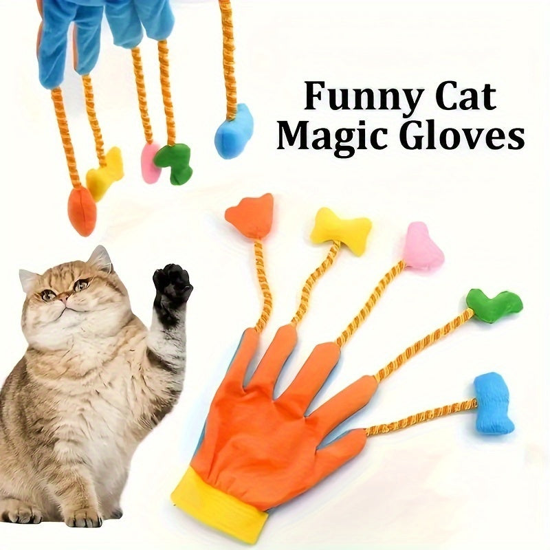 Funny cat magic bell glove toy: plush hand with yellow cuff and dangling bell pieces