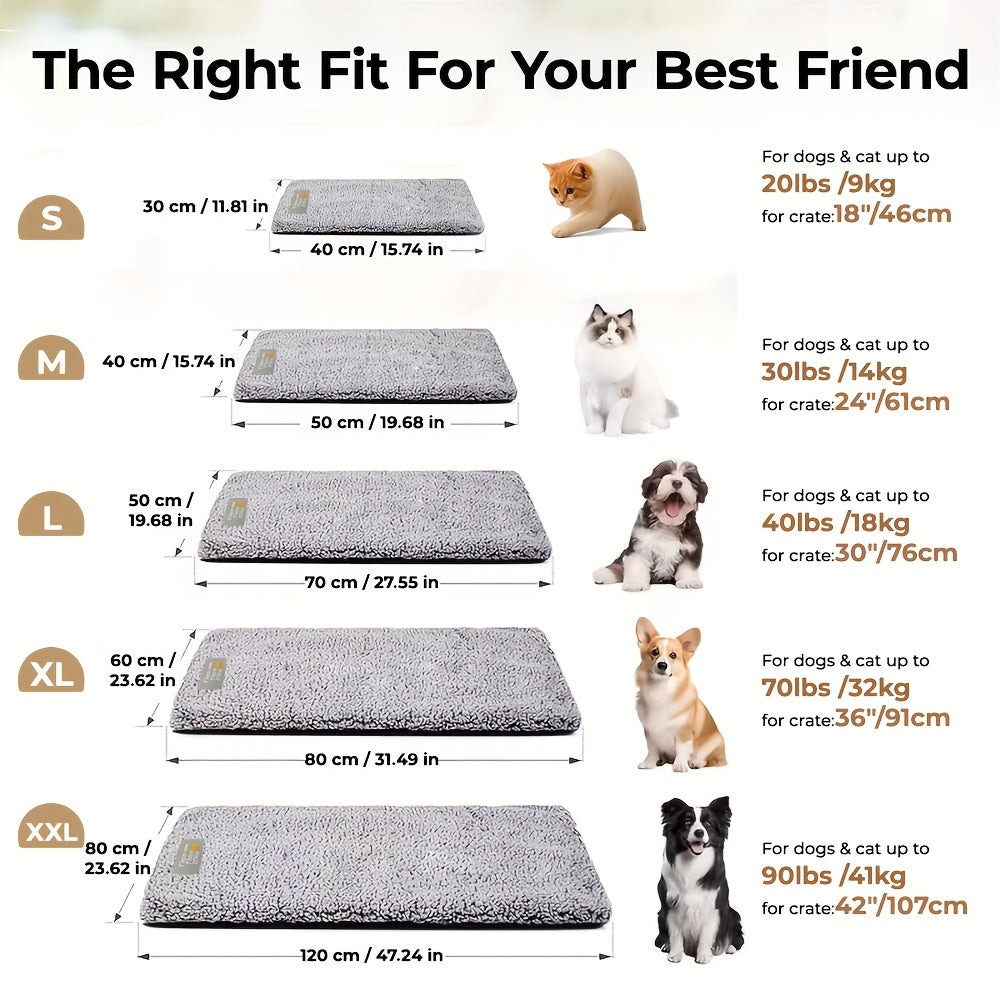 Gray pet mattress size chart with S, M, L, XL, XXL dimension panels