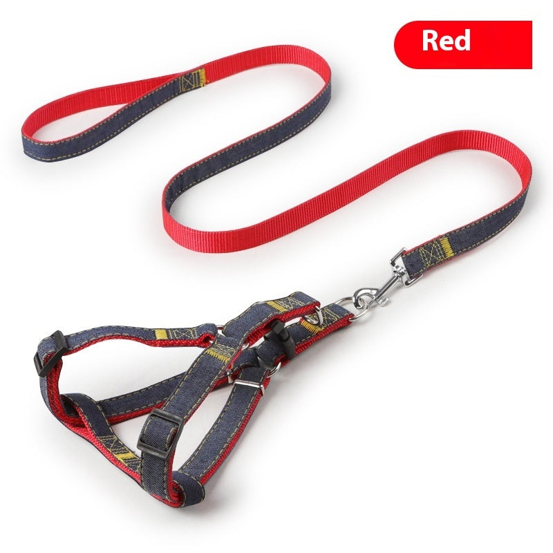 Red leash and denim dog harness set with metal snap clips and D-ring