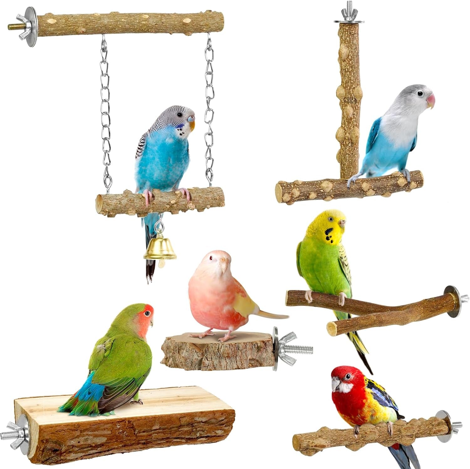 Natural wood bird perch set with branches, chains, bell, and metal mounting cups