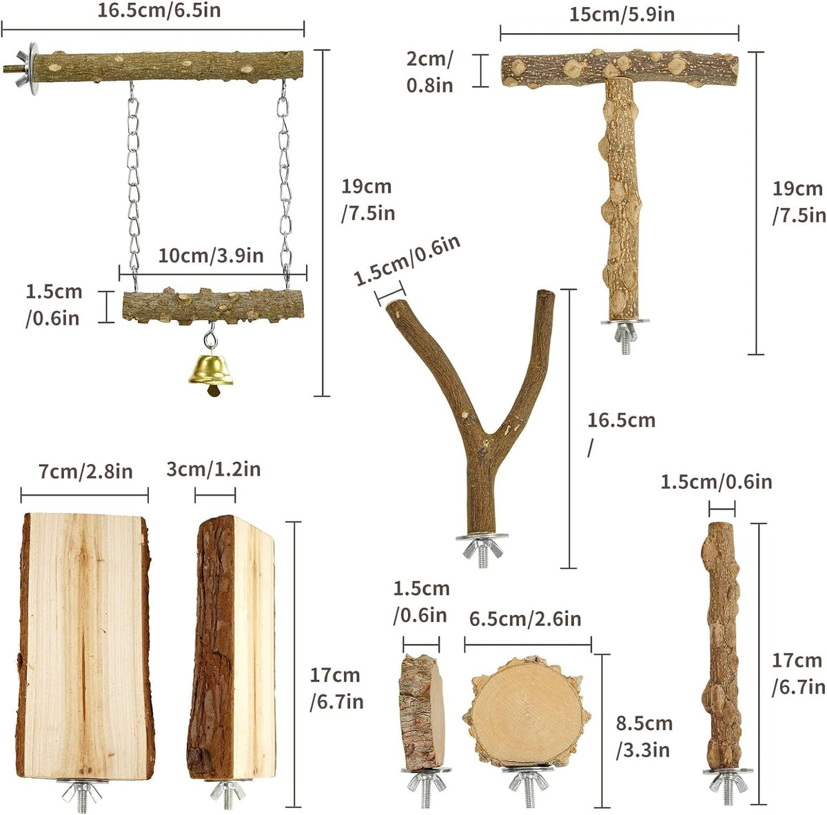 Wood bird perch set size diagram showing branch lengths and Y-shaped stand