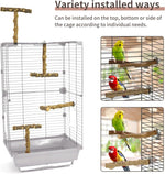 Natural wood perch set with multiple branches mounted inside a wire bird cage