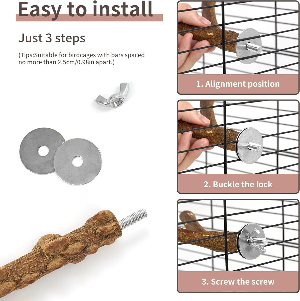 Wood bird perch set installation parts with screws, washers, and cage-mount brackets