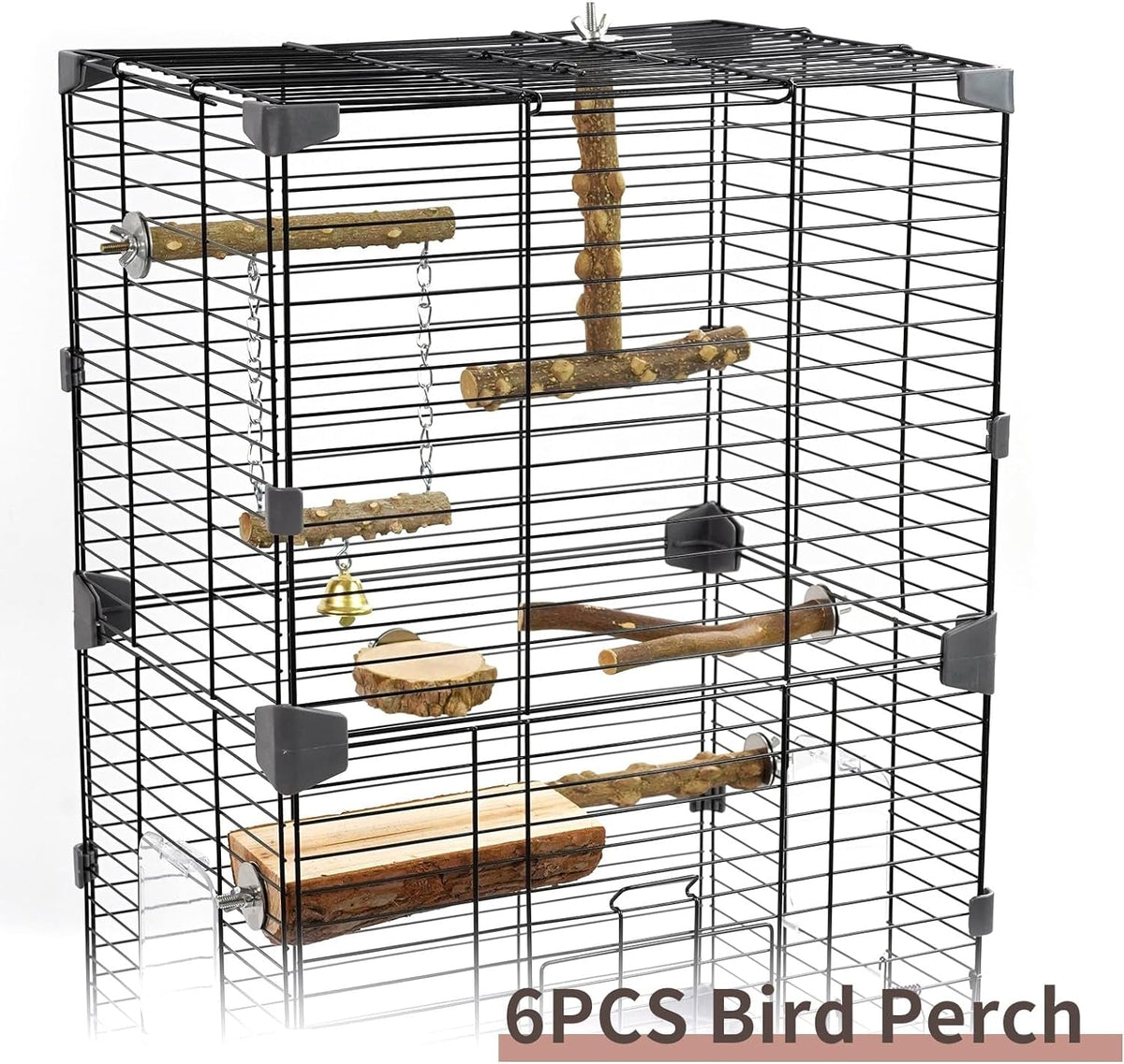 Wood bird perch set with six natural branches mounted in a wire bird cage