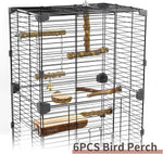 Wood bird perch set with six natural branches mounted in a wire bird cage