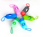 Colorful pet waste bag dispensers with clip, assorted blue, pink, green, black, and red
