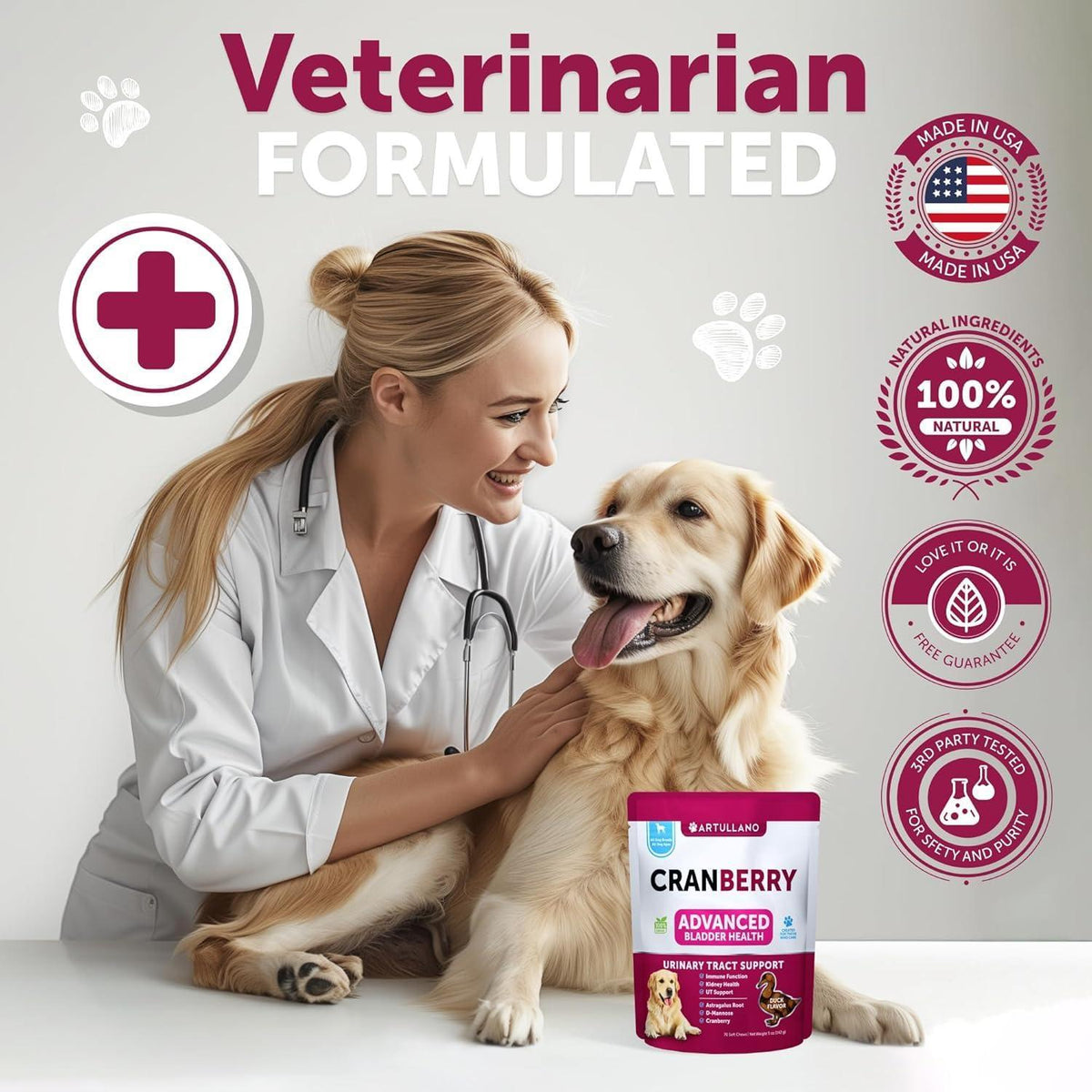 Veterinarian with golden dog beside Cranberry Advanced bladder health supplement pouch.