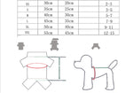 Size chart and pet outfit fitting diagram for a four-legged onesie