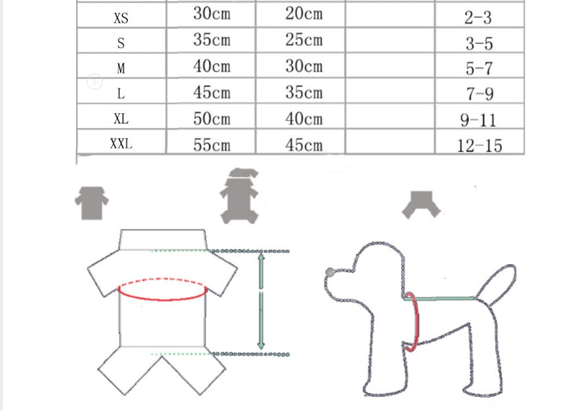 Size chart and pet outfit fitting diagram for a four-legged onesie