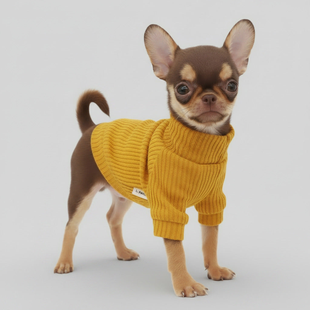 Mustard ribbed turtleneck sweater for small dogs on a Chihuahua/Yorkie