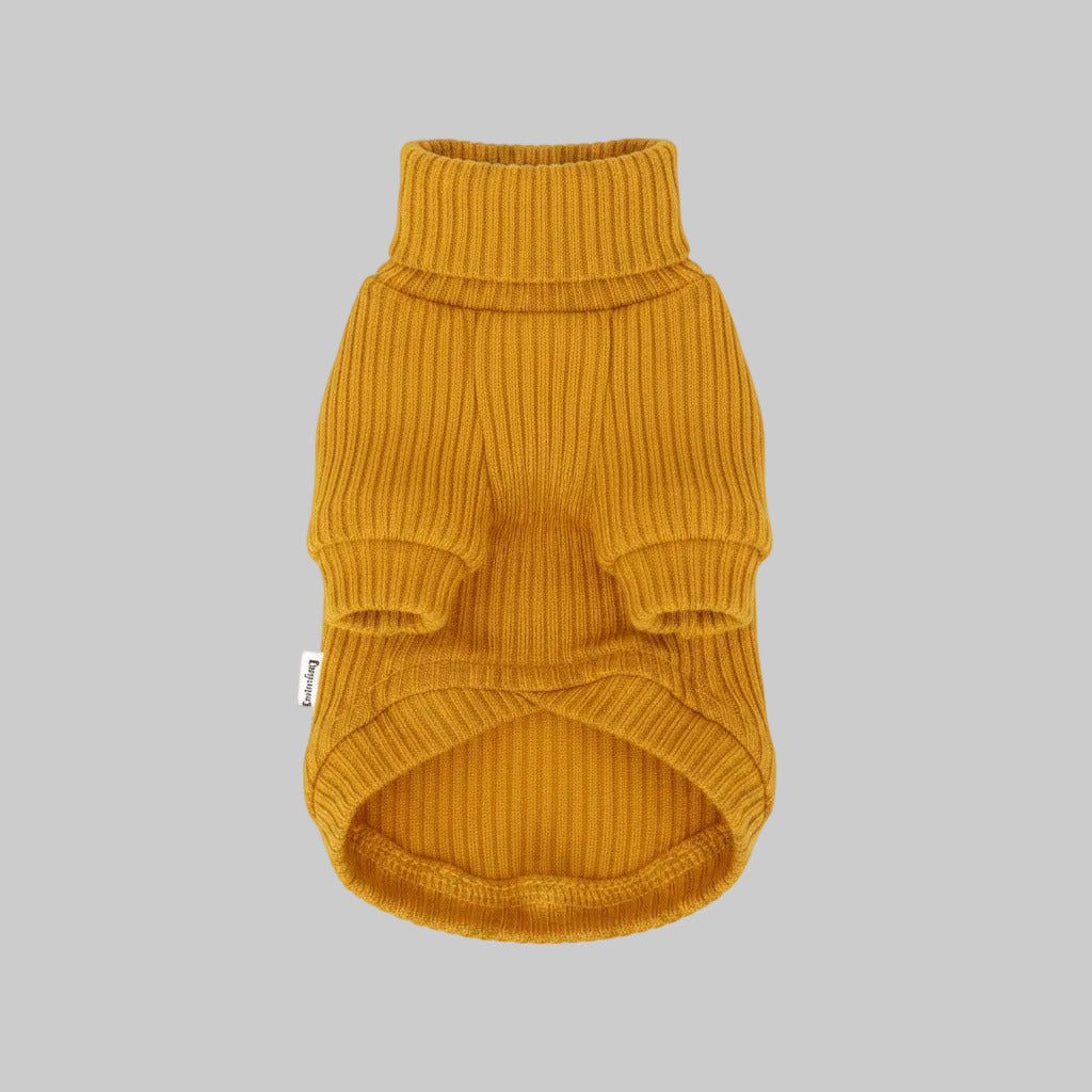 Mustard knit turtleneck dog sweater, ribbed fabric with sleeve and belly openings
