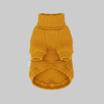Mustard knit turtleneck dog sweater, ribbed fabric with sleeve and belly openings