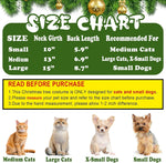 Christmas pet costume size chart for cats and small dogs with neck girth and back length