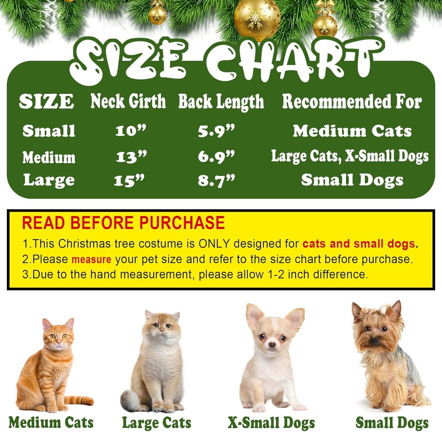 Christmas pet costume size chart for cats and small dogs with neck girth and back length