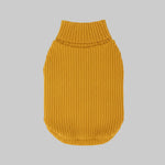 Mustard knit dog sweater with high turtleneck and ribbed body