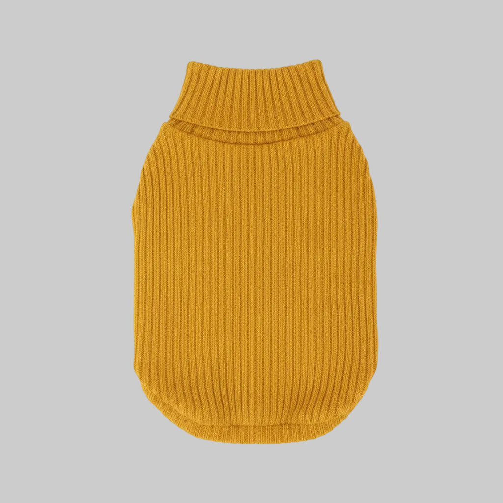 Mustard knit dog sweater with high turtleneck and ribbed body