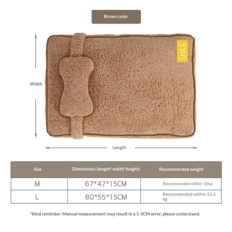 Coffee-brown plush pet sofa bed with attached bone-shaped bolster cushion and side label