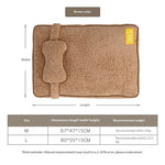 Coffee-brown plush pet sofa bed with attached bone-shaped bolster cushion and side label