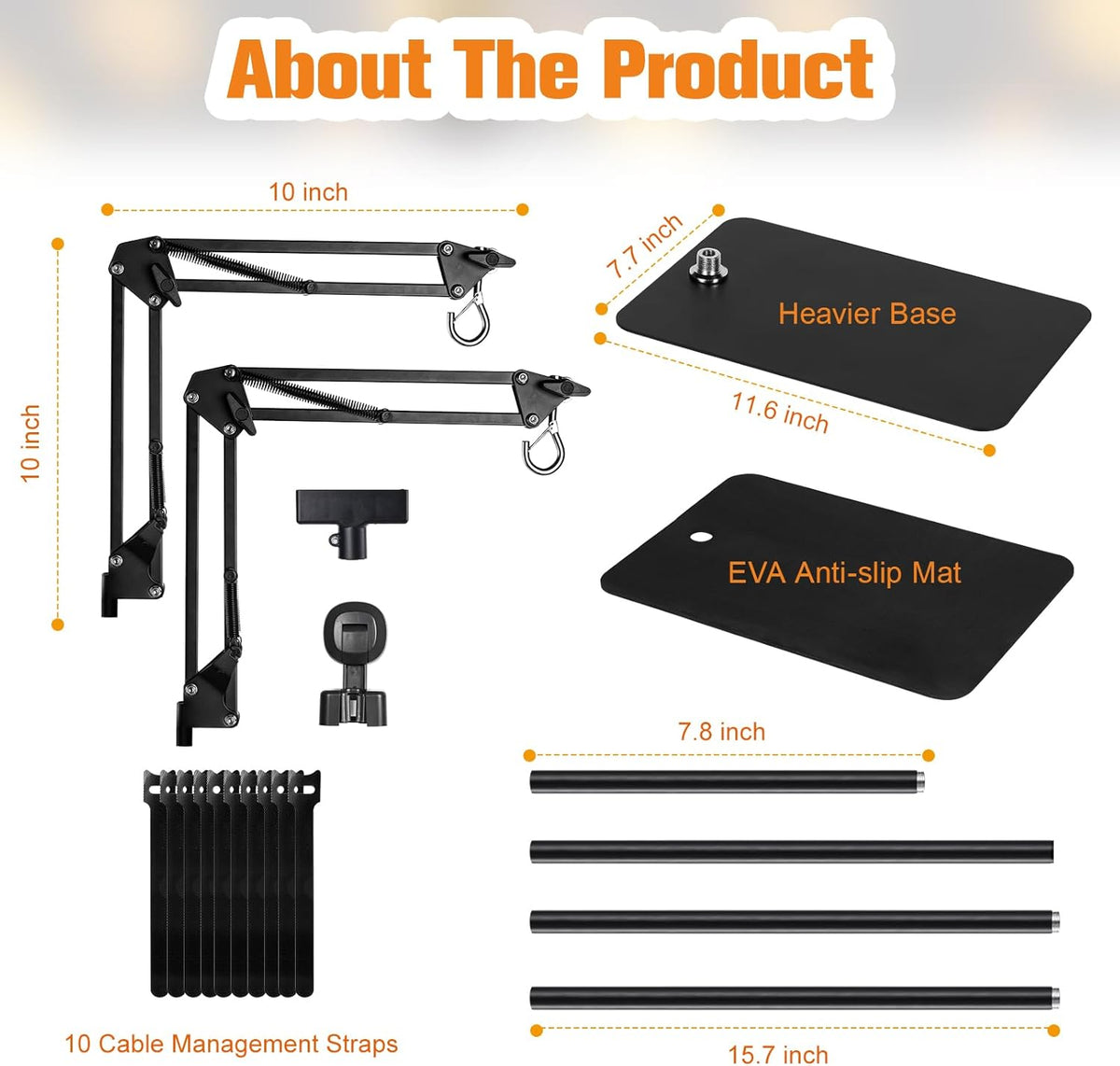 Heat lamp stand parts diagram: dual arms, EVA anti-slip mat, base, and cable straps