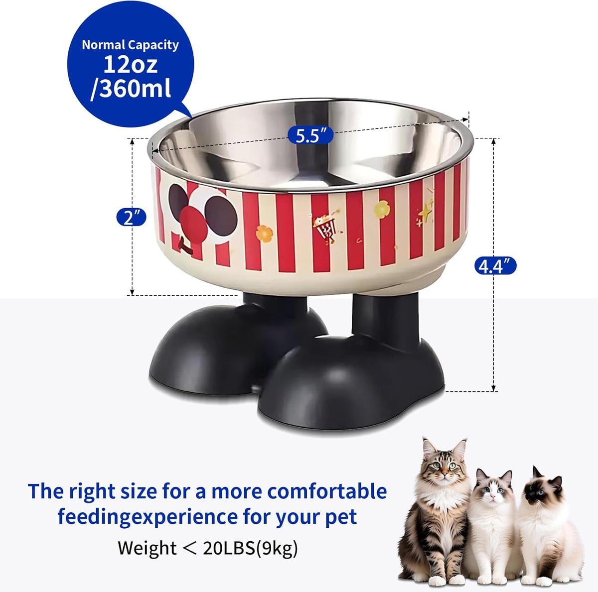 Elevated stainless steel pet bowl on black twin-pedestal stand with red striped wrap