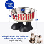 Elevated stainless steel pet bowl on black twin-pedestal stand with red striped wrap