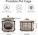Beige foldable pet carrier handbag with front and side mesh windows, with size markers
