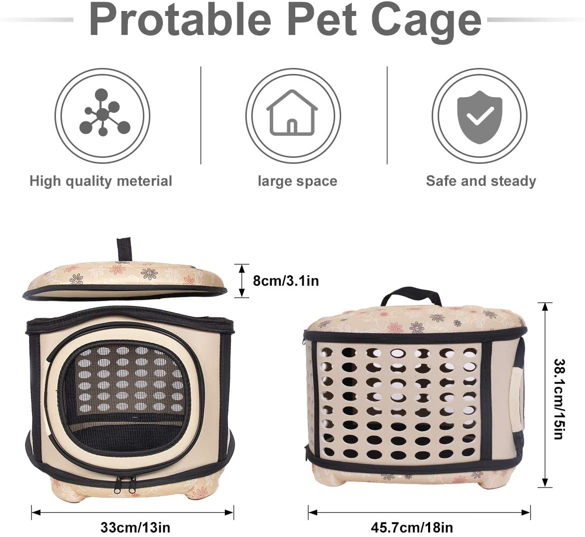 Beige foldable pet carrier handbag with front and side mesh windows, with size markers