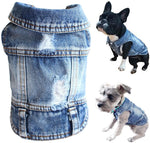 Blue denim pet jacket with distressed patches, button front, and stitched hem pockets