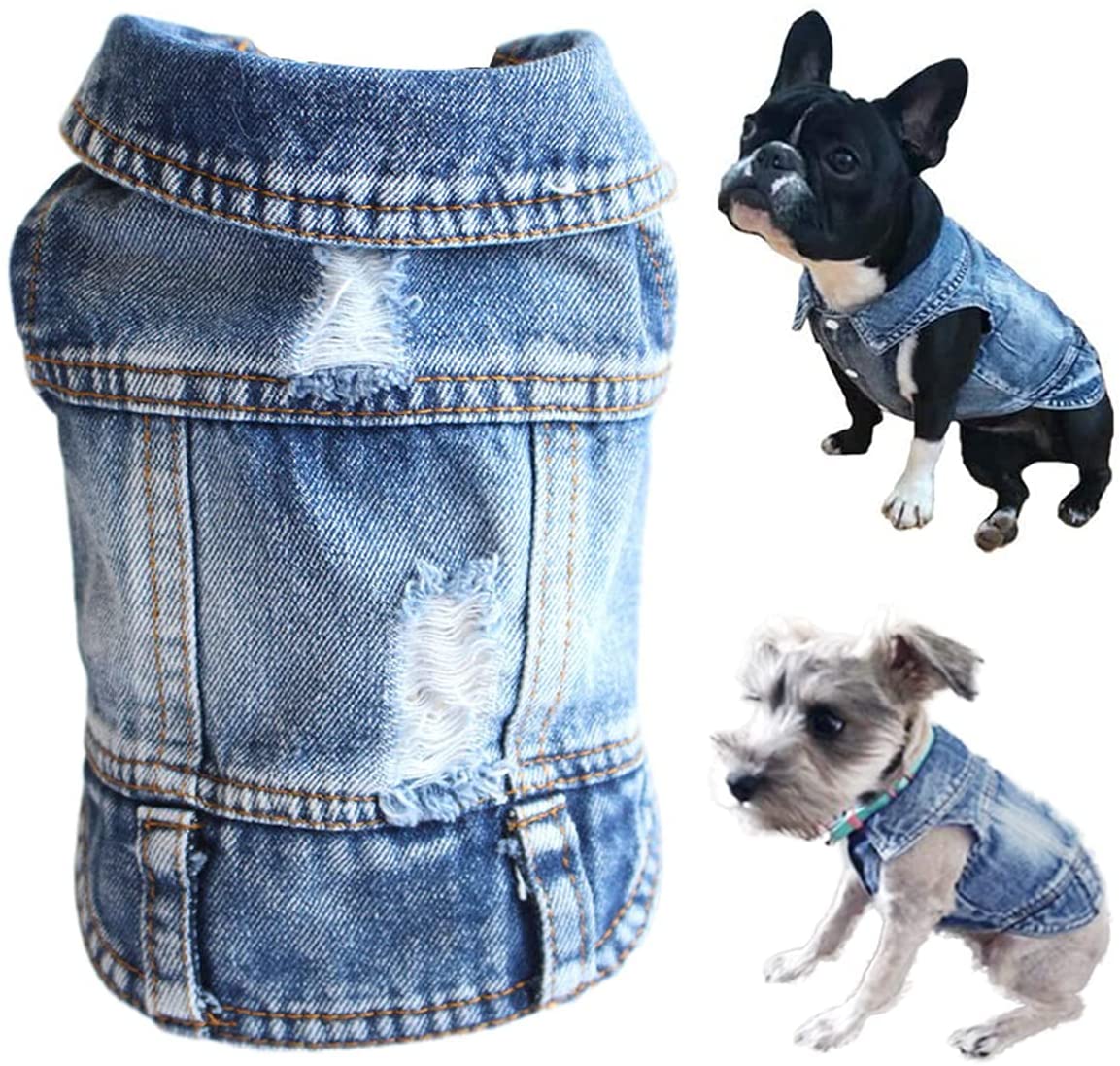 Blue denim pet jacket with distressed patches, button front, and stitched hem pockets