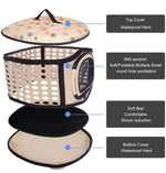 Foldable pet carrier handbag in beige with black trim and mesh side window