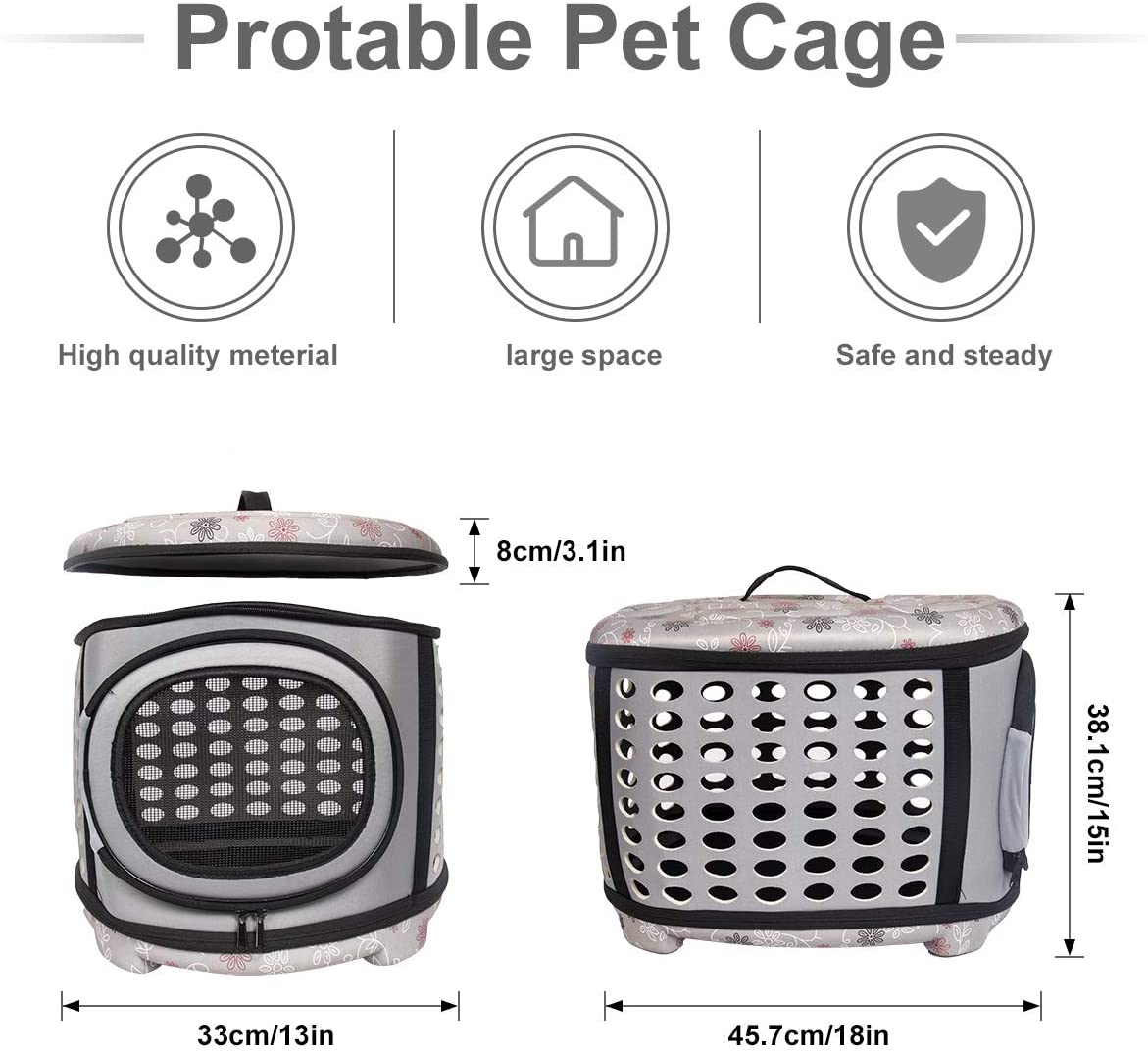 Foldable pet carrier handbag showing beige and gray with front and side mesh windows