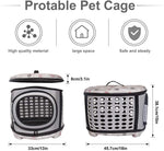 Foldable pet carrier handbag showing beige and gray with front and side mesh windows