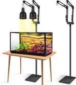 Dual-arm heat lamp stand with articulated arms holding two black bulbs, on base pads
