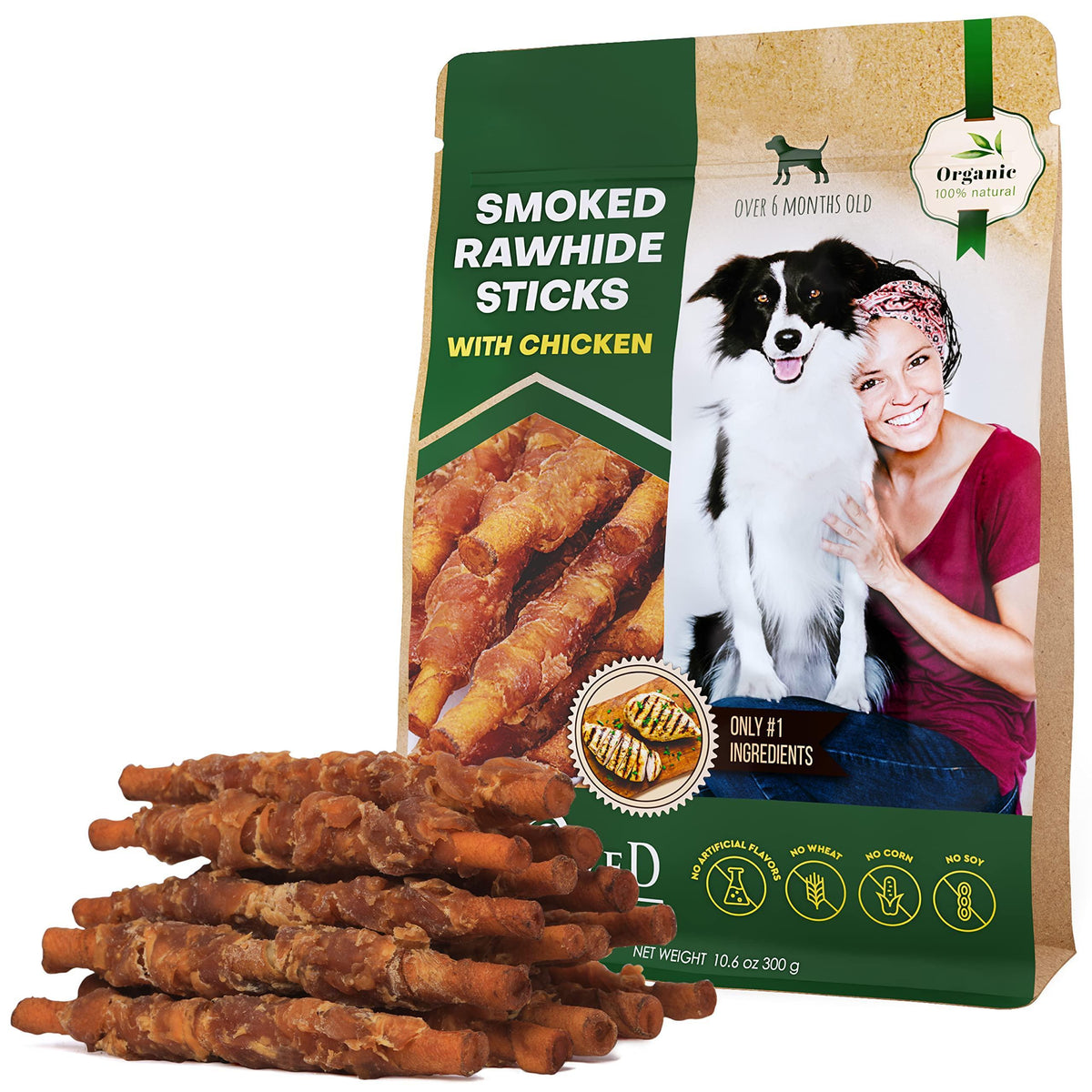 Smoked rawhide dog sticks with chicken, packaged chew treats