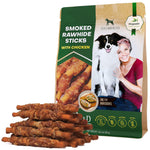 Smoked rawhide dog sticks with chicken, packaged chew treats