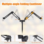 Folding cantilever heat lamp stand showing adjustable arm angles and metal hooks