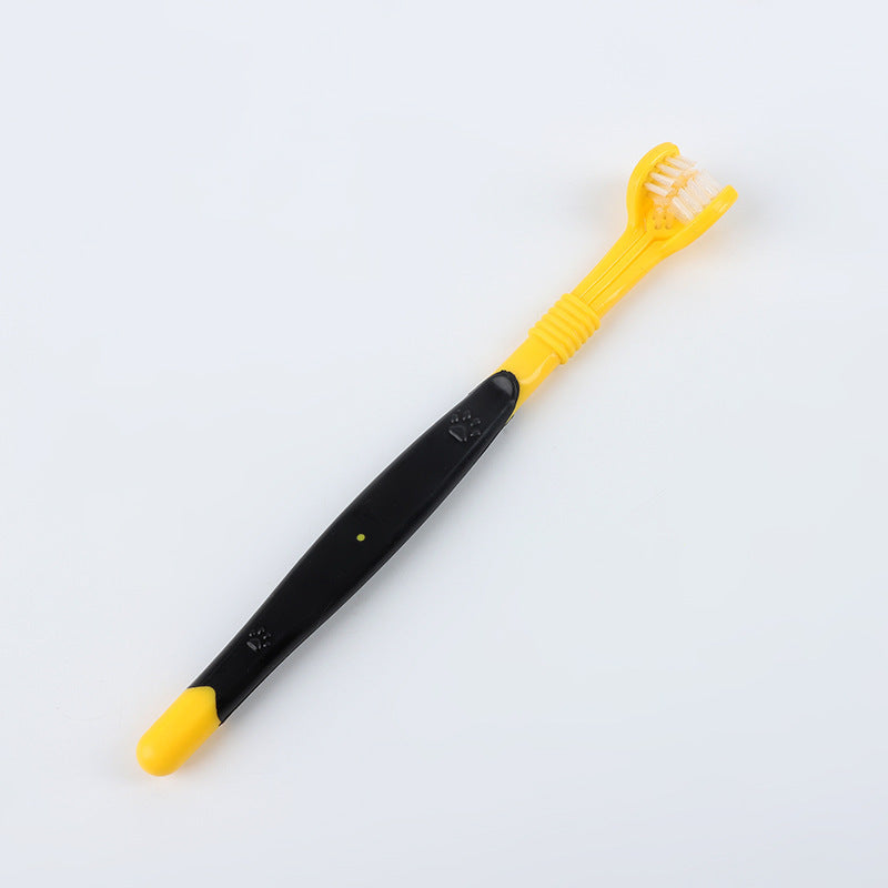 Black and yellow three-sided pet toothbrush with white bristled head